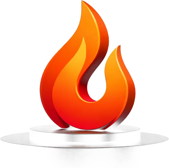 The Total CMS flame mark, rendered in 3D on a reflective pedestal