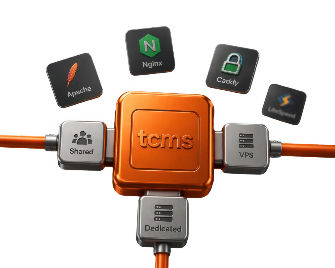 Total CMS running across shared, VPS, and dedicated PHP hosts with Apache, Nginx, Caddy, and LiteSpeed