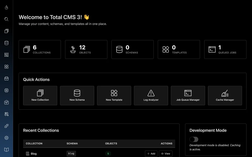 Total CMS admin dashboard showing collections, objects, and recent activity for a seeded blog site