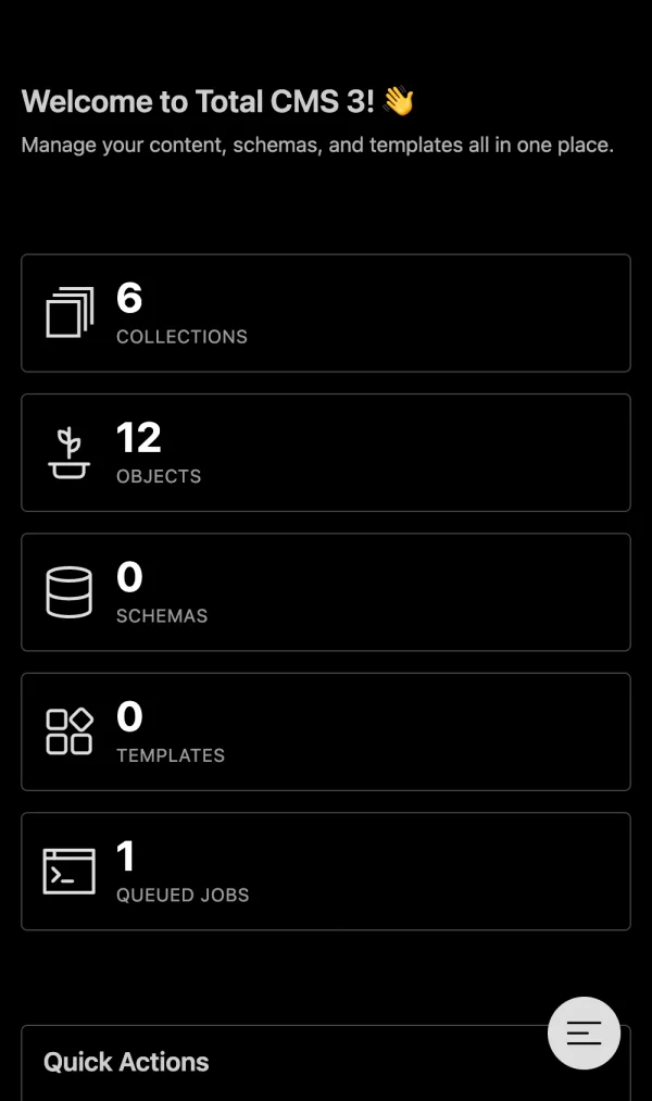 Total CMS admin dashboard on a mobile phone