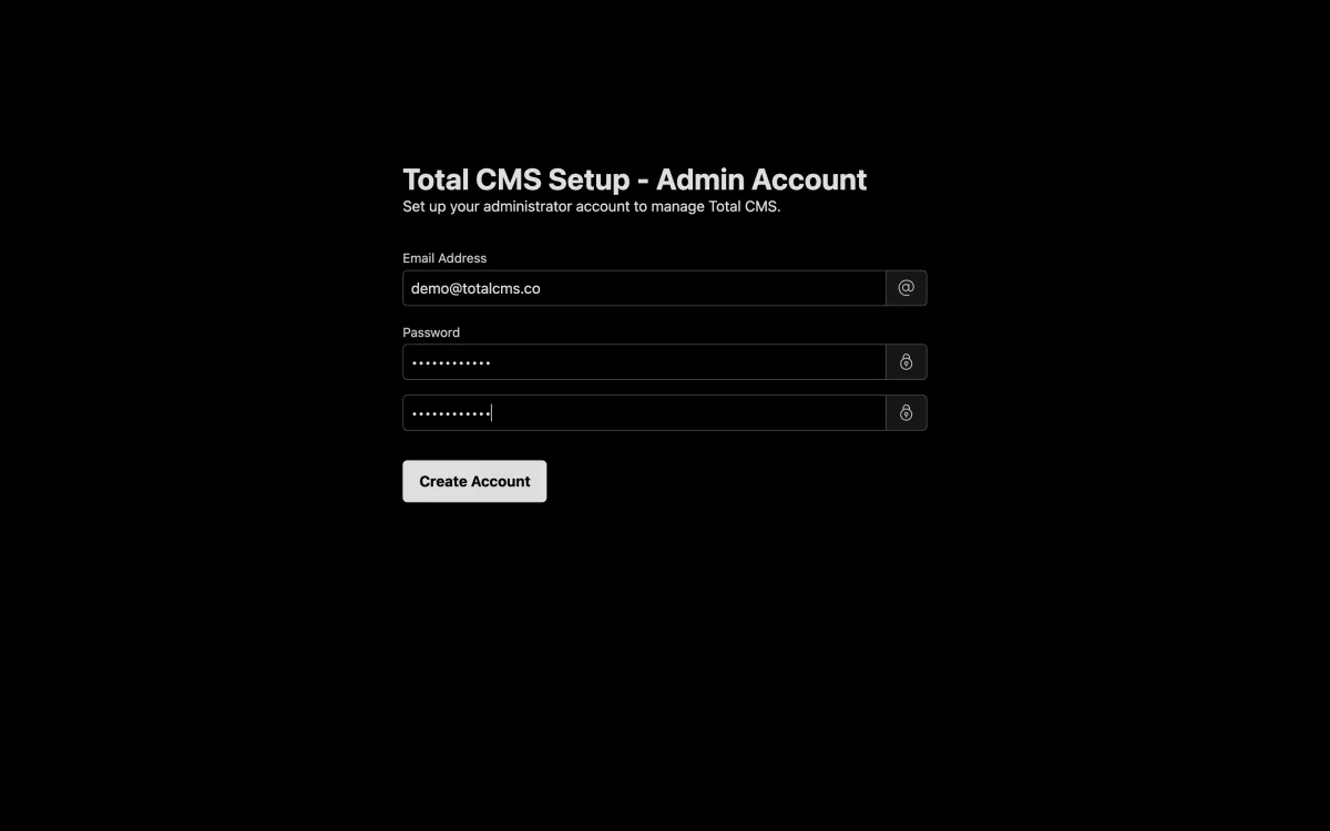Total CMS setup wizard admin account screen, asking for an email address and password