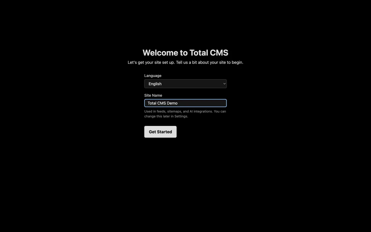 Total CMS setup wizard welcome screen, asking for a language and site name