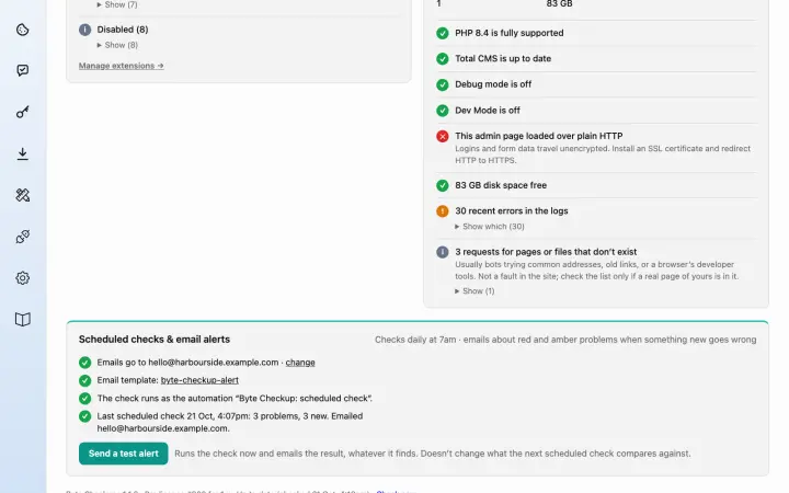 Scheduled checks with email alerts (Pro), below the System card's findings.
