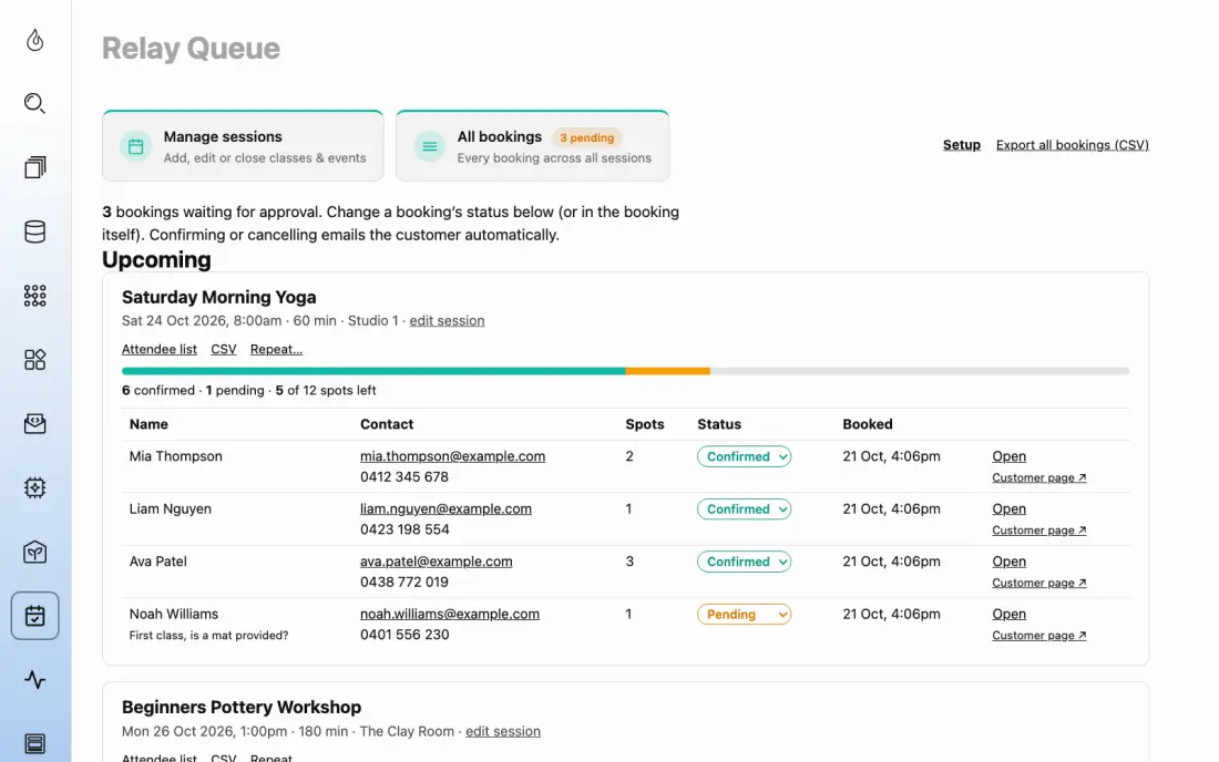 The Relay Queue page: each session's places filled, and a status picker for every booking.