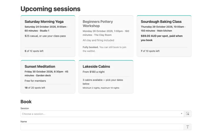 The booking page on your site: open sessions with spots left, then the booking form.