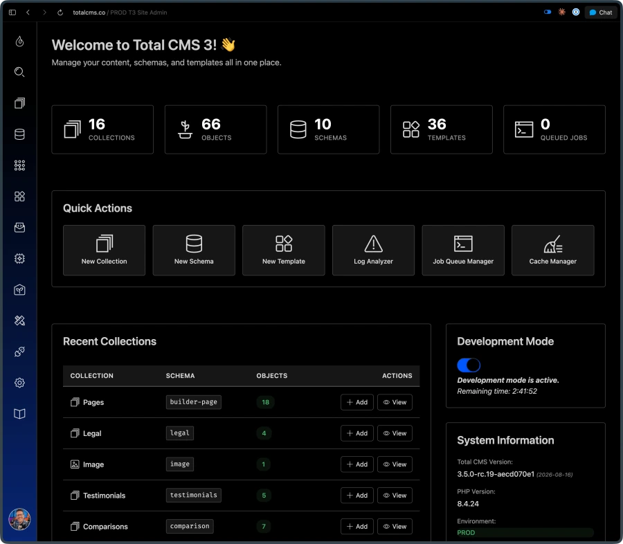 The Total CMS admin dashboard: collections, schemas, templates, and system status on a live production site.