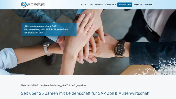 The acelsis "Wer wir sind" page: more than 25 years of SAP customs and foreign trade