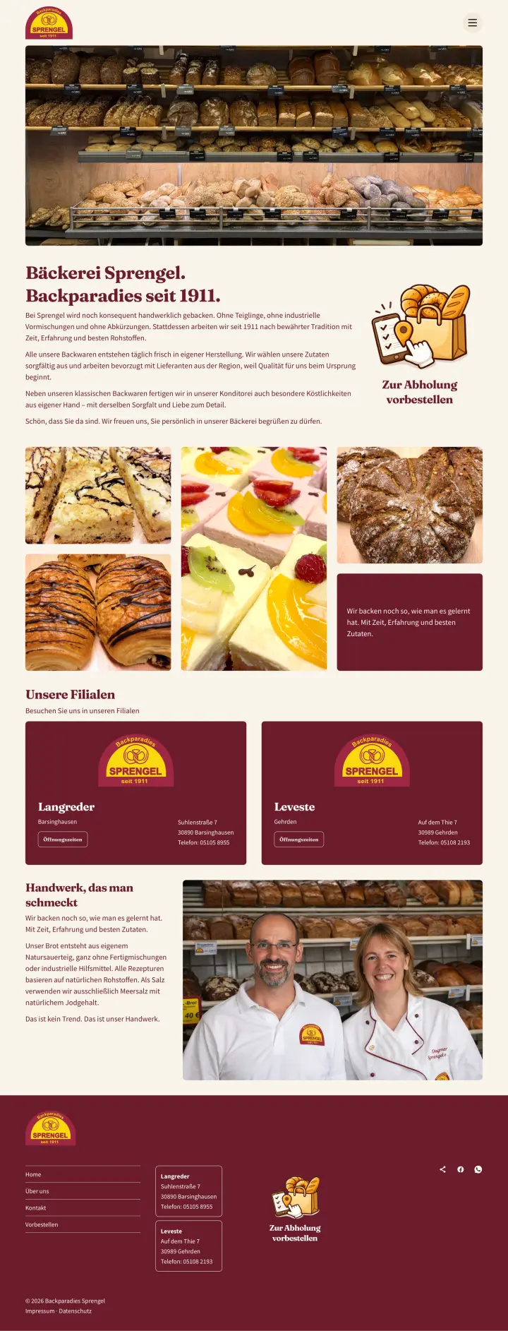 The bakery website introduces Sprengel’s craft, products and branches.