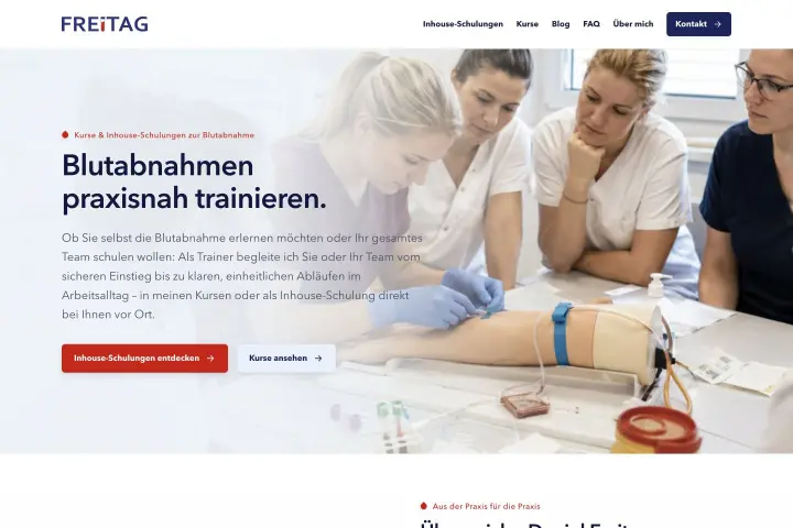 The homepage introduces practical blood collection training, with clear paths to courses and on-site training.