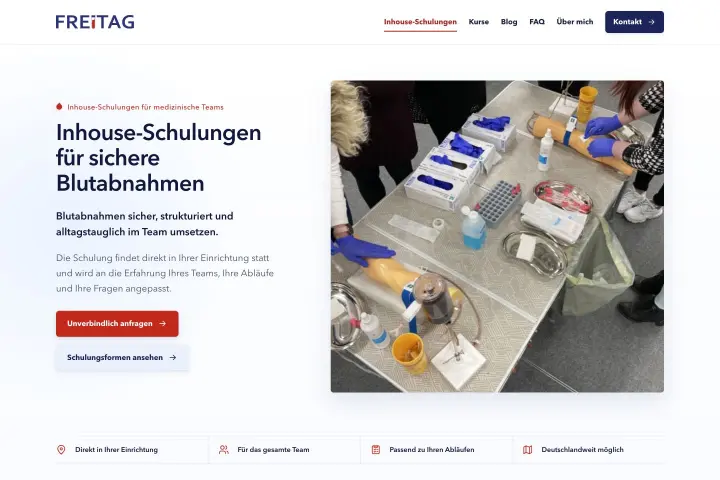 The on-site training page combines a clear service introduction with a photograph of a practical training session.