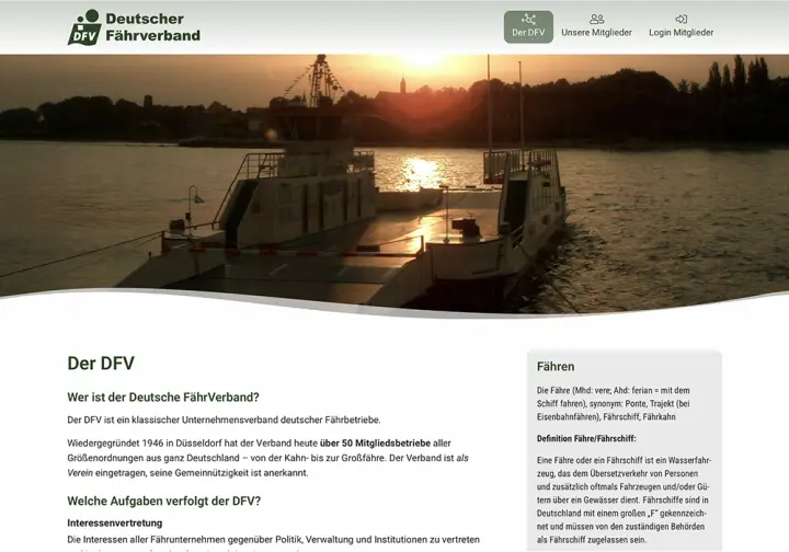 The Deutscher Fährverband home page: a ferry at sunset and who the association is
