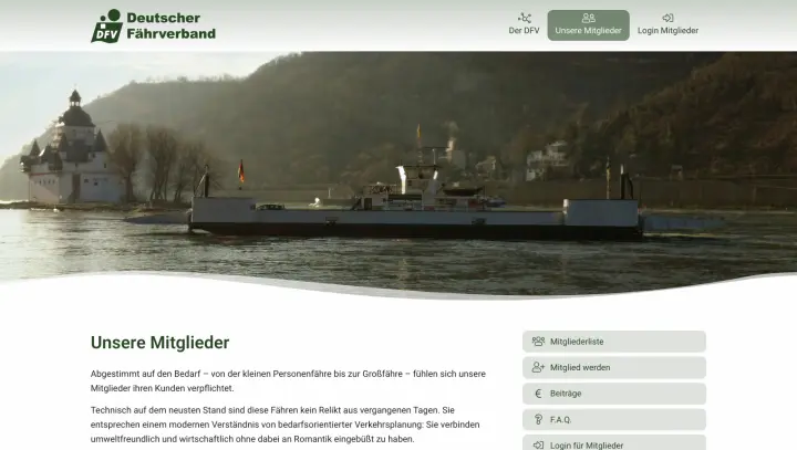 The Deutscher Fährverband member page, with links to the member list, joining and the members' login