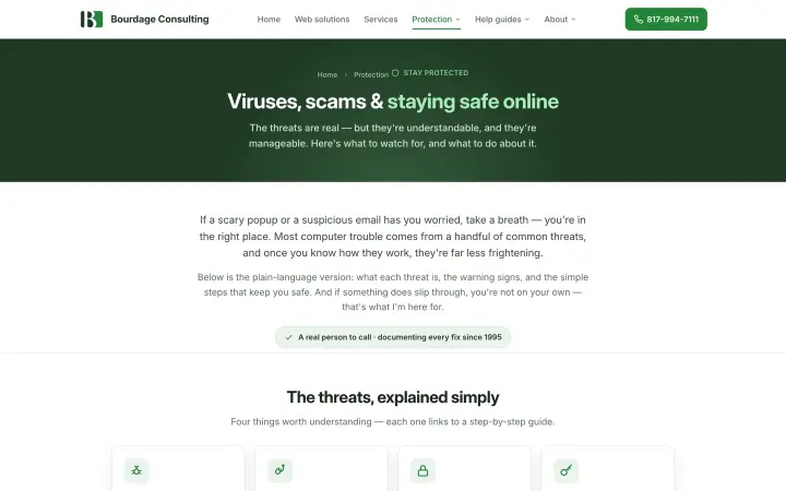 Bourdage Consulting's "Viruses, scams & staying safe online" guide, explaining common threats in plain language