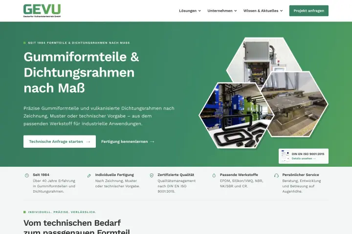 The GEVU homepage combines a clear industrial offer with manufacturing photography and a direct route to technical enquiries.