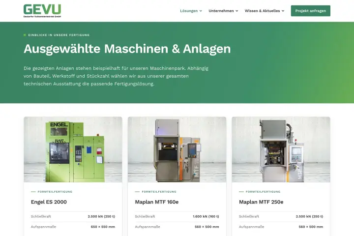 The machinery overview presents manufacturing equipment with photography and clear technical specifications.