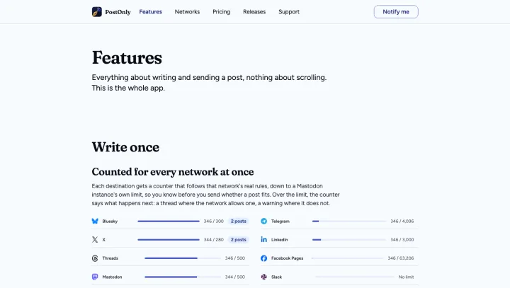 PostOnly features page, with per-network character counters