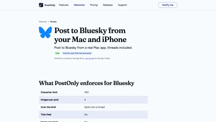 The Bluesky reference page on postonly.app, with the limits PostOnly enforces