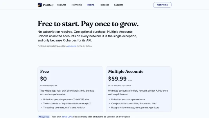 PostOnly pricing page: a free plan and a one-time Multiple Accounts purchase