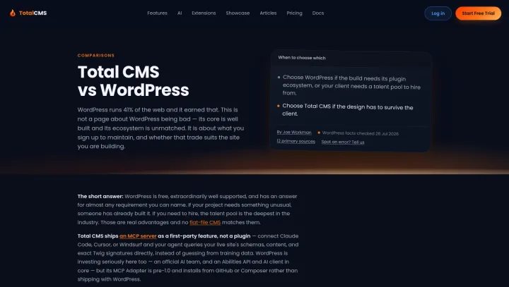 Total CMS vs WordPress comparison page, with a "when to choose which" summary card