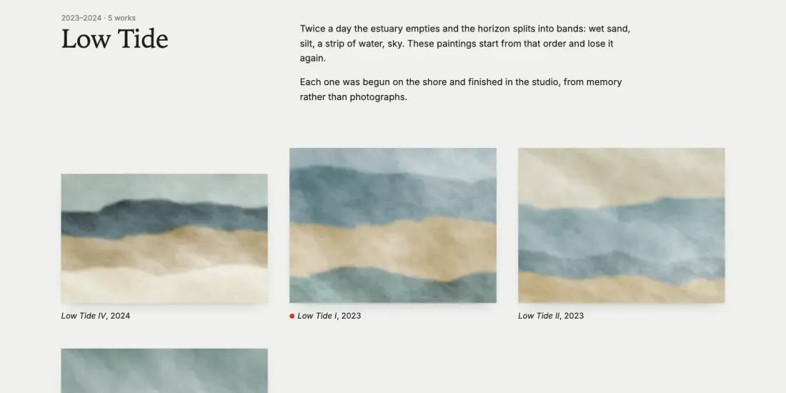 The Low Tide series page in the sample: the series statement beside its title, then the works in hanging order, each captioned with its title and year, with a red dot on the sold ones.