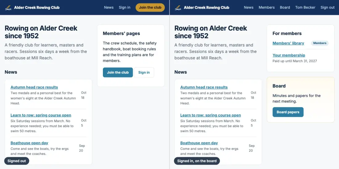 The sample club's home page twice. Signed out, the side panel invites the visitor to join or sign in. Signed in as a board member, it links to the members' library and shows the membership paid up until March 31, 2027, with a second panel for the board papers.