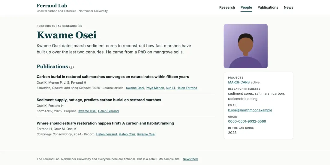 Kwame Osei's profile page listing his three publications and his project, with research interests, email and ORCID beside it