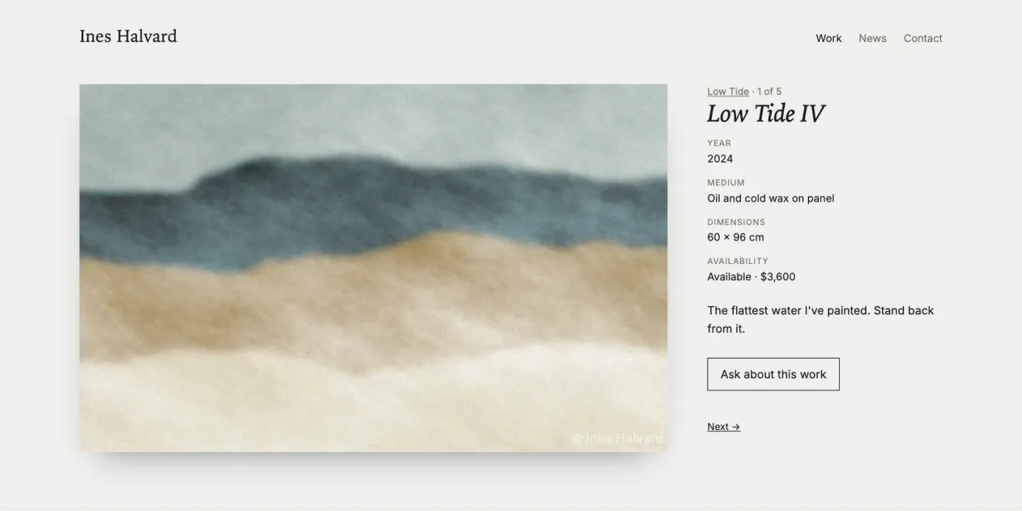 The page for Low Tide IV: the painting large, with a watermark in the corner, beside a wall label giving the year, medium, dimensions, availability and price, and an Ask about this work button.