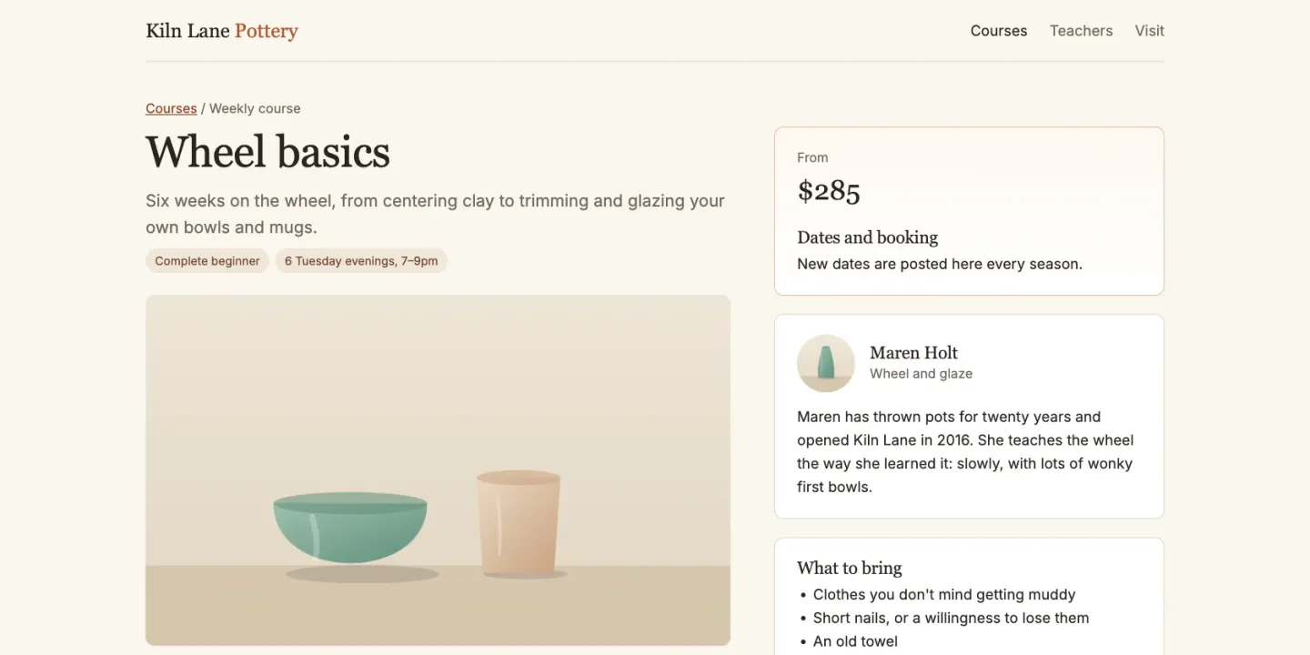 The Wheel basics course page on the sample pottery studio's site: the course summary, level and length, a photo of work from the course, and beside it the price, a Dates and booking panel, the teacher's bio and what to bring.