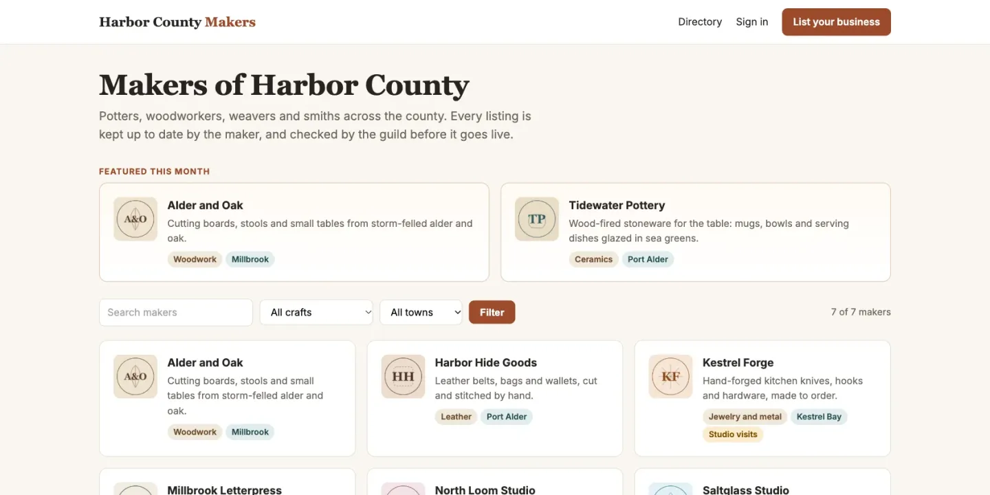 The sample directory's home page: two featured makers above a search box and filters by craft and town, then a grid of listings, each with its logo, a one-line summary and its category and town.