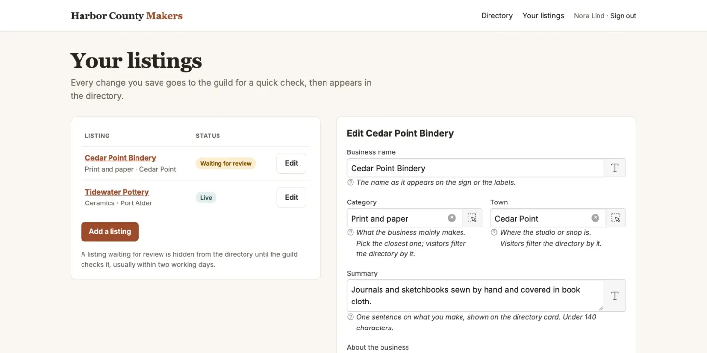 A member's listings page in the sample directory: one listing marked Waiting for review and one Live, beside the edit form for the pending listing.