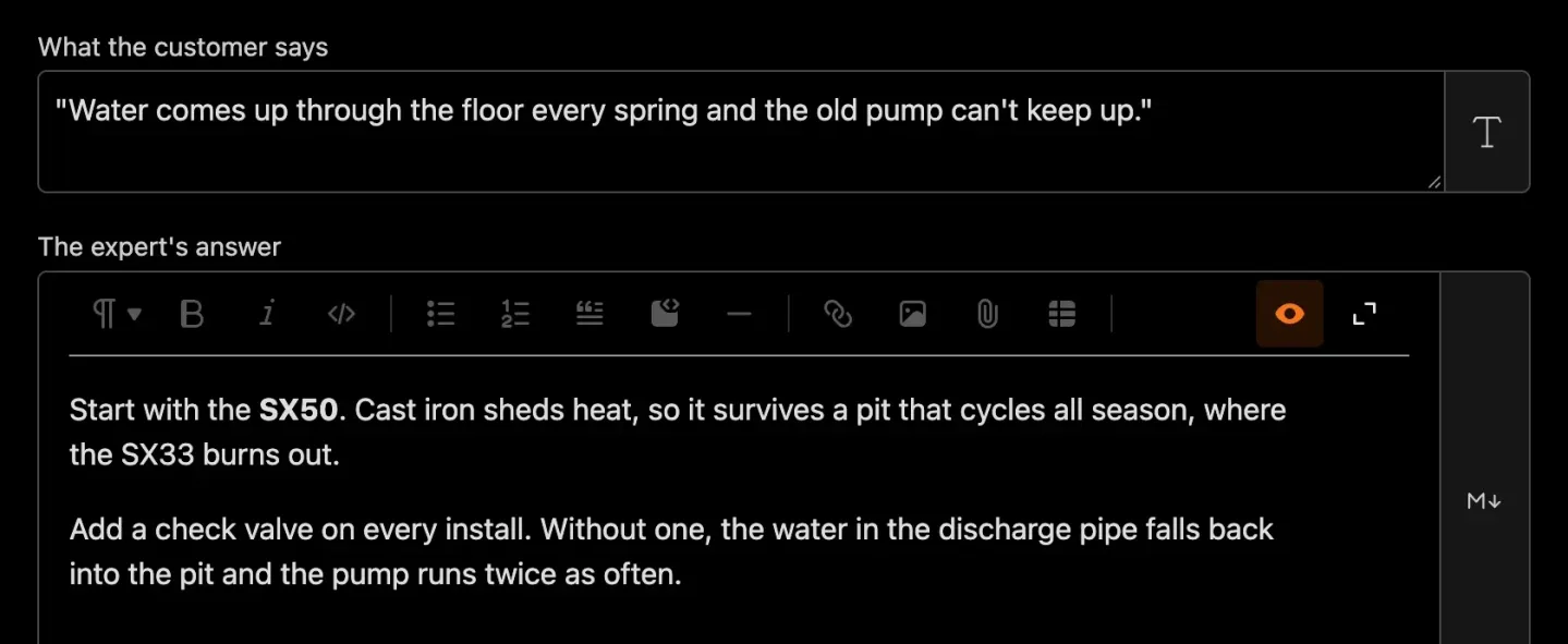 A pocket guide entry for pumping out a flooded basement, with the customer’s words, the expert who answered, and her advice on which pump to start with and why.