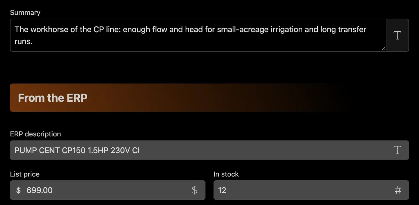 The form for product lw-cp150. Name, category, series and summary are editable. Under “From the ERP”, the ERP description, list price, stock, unit and last sync date are read-only.