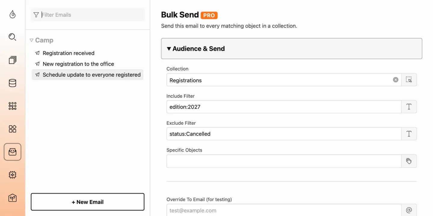 The Bulk Send panel of an email template in the Total CMS admin, set to the Registrations collection, including edition 2027 and excluding status Cancelled