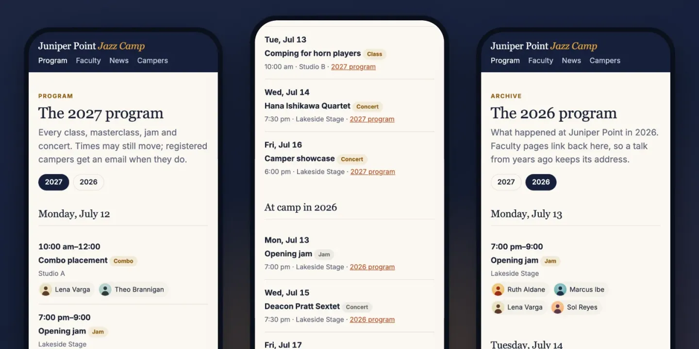 Three phone screens from the sample camp site: the 2027 program by day with the faculty leading each session, Lena Varga's page listing what she led in 2027 and in 2026, and the 2026 program kept as an archive
