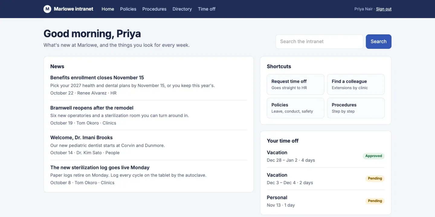 The home page of the sample intranet, signed in as a dental hygienist: company news, shortcuts to time off, the directory, policies and procedures, and her own time-off requests with their status.