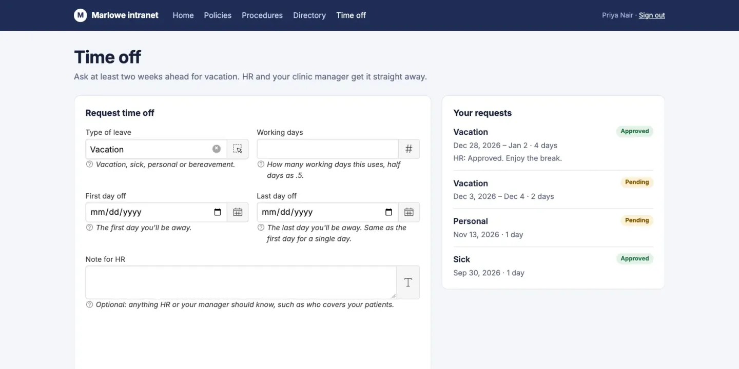 The time-off page of the sample intranet: a request form with the type of leave, working days and dates, beside the staff member's own requests, two approved and two pending.