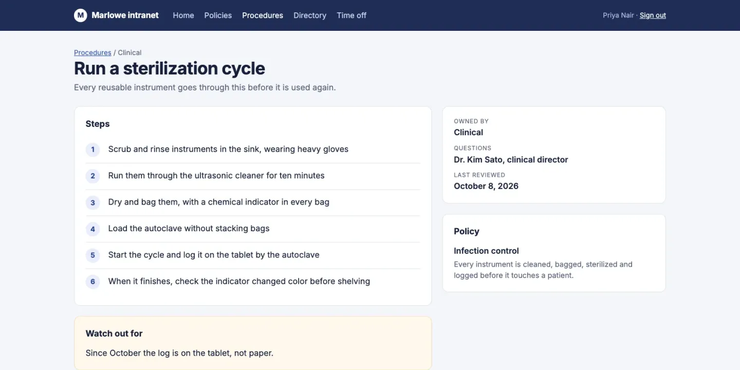 A procedure in the sample intranet, Run a sterilization cycle: six numbered steps, a note on what to watch out for, the owning team, who to ask, the date it was last reviewed and the policy it carries out.