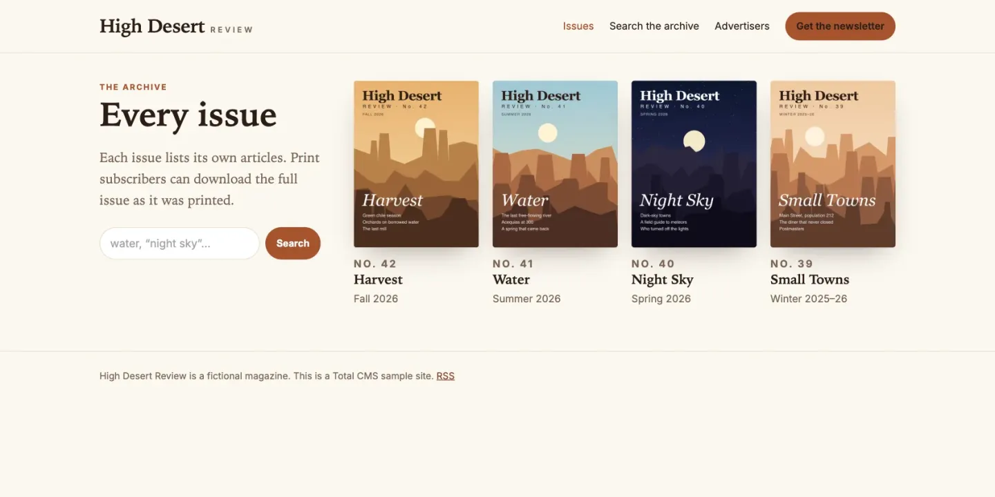 The sample magazine's archive: the covers of its four issues, Harvest, Water, Night Sky and Small Towns, beside a search box for every issue.