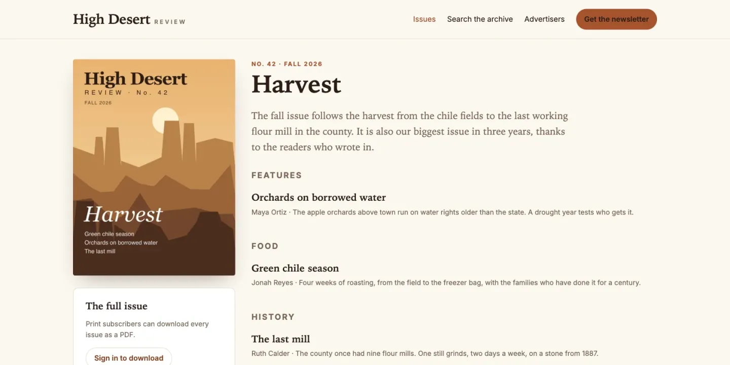 An issue page from the sample magazine: the cover of No. 42, “Harvest”, beside the editor's note and a table of contents grouped into Features, Food and History, with a box offering the full issue as a PDF to print subscribers.