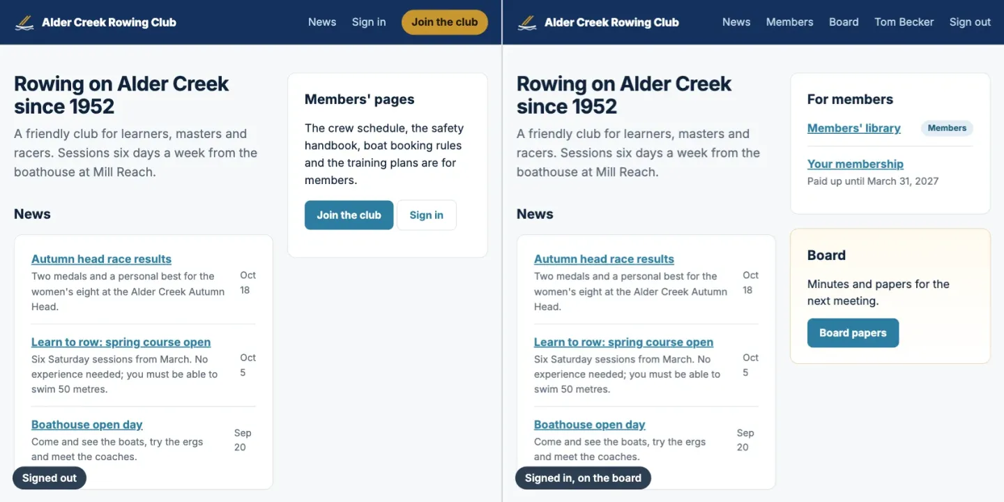 The sample club's home page twice. Signed out, the side panel invites the visitor to join or sign in. Signed in as a board member, it links to the members' library and shows the membership paid up until March 31, 2027, with a second panel for the board papers.