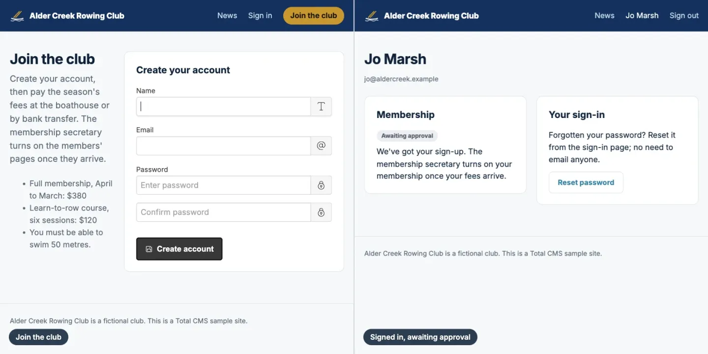 The sample club's Join page, with a sign-up form for name, email and password, beside the account page the new member lands on: their membership marked Awaiting approval, and a link to reset their password.