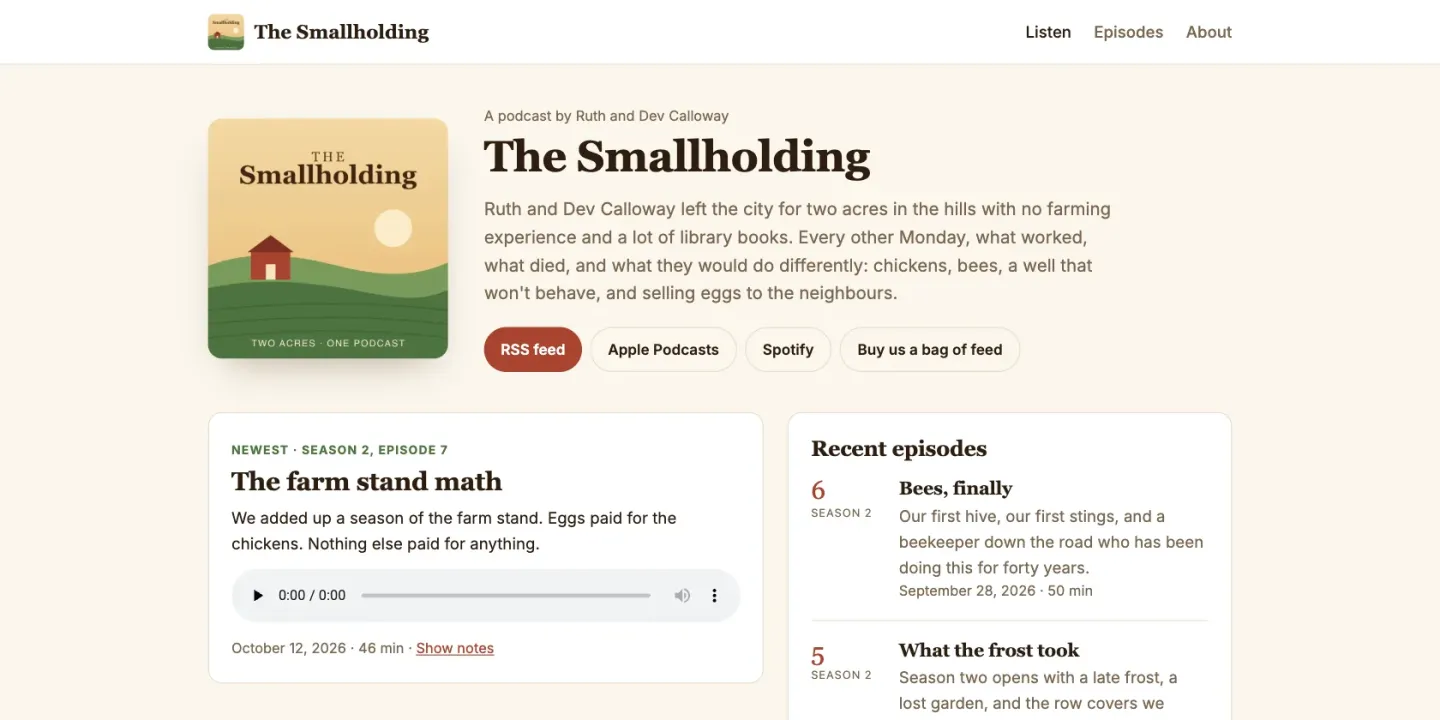 The home page of the sample podcast, The Smallholding: the show's cover art beside its description and buttons for the RSS feed, Apple Podcasts, Spotify and a support link, then the newest episode with a player and a list of recent episodes.