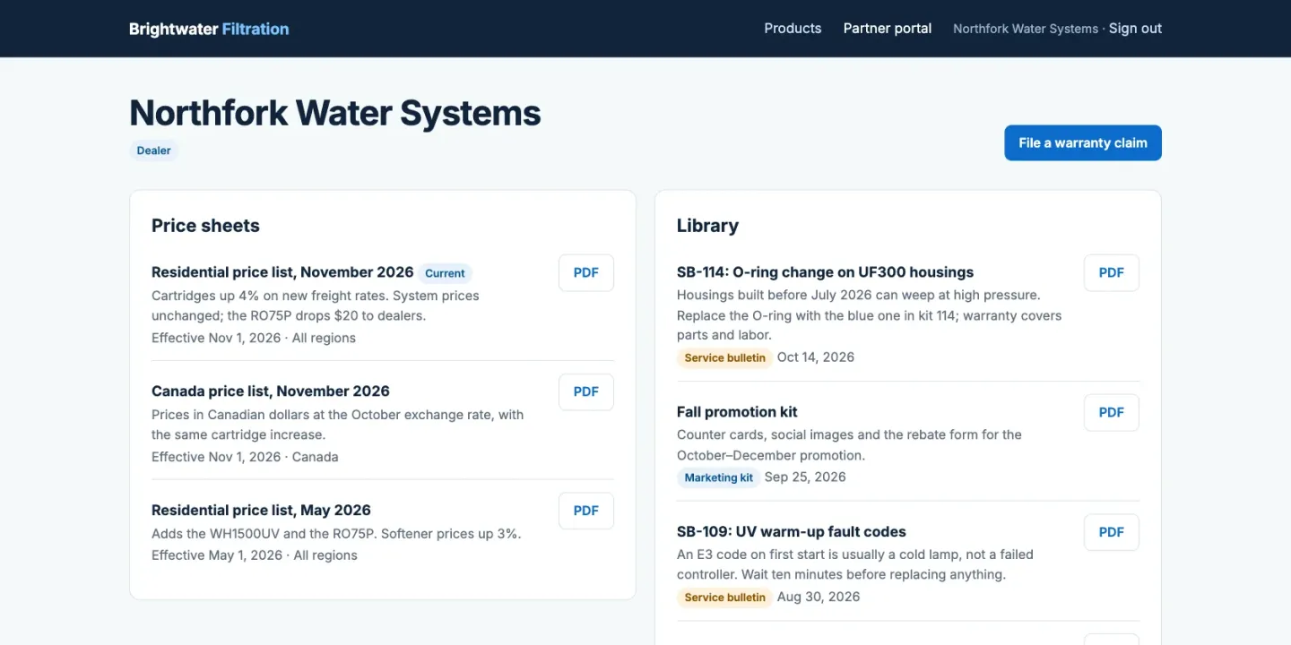 The partner portal as the dealer Northfork Water Systems sees it: dated price sheets with what changed in each, and a library of service bulletins, manuals and a promotion kit, each with a PDF download.