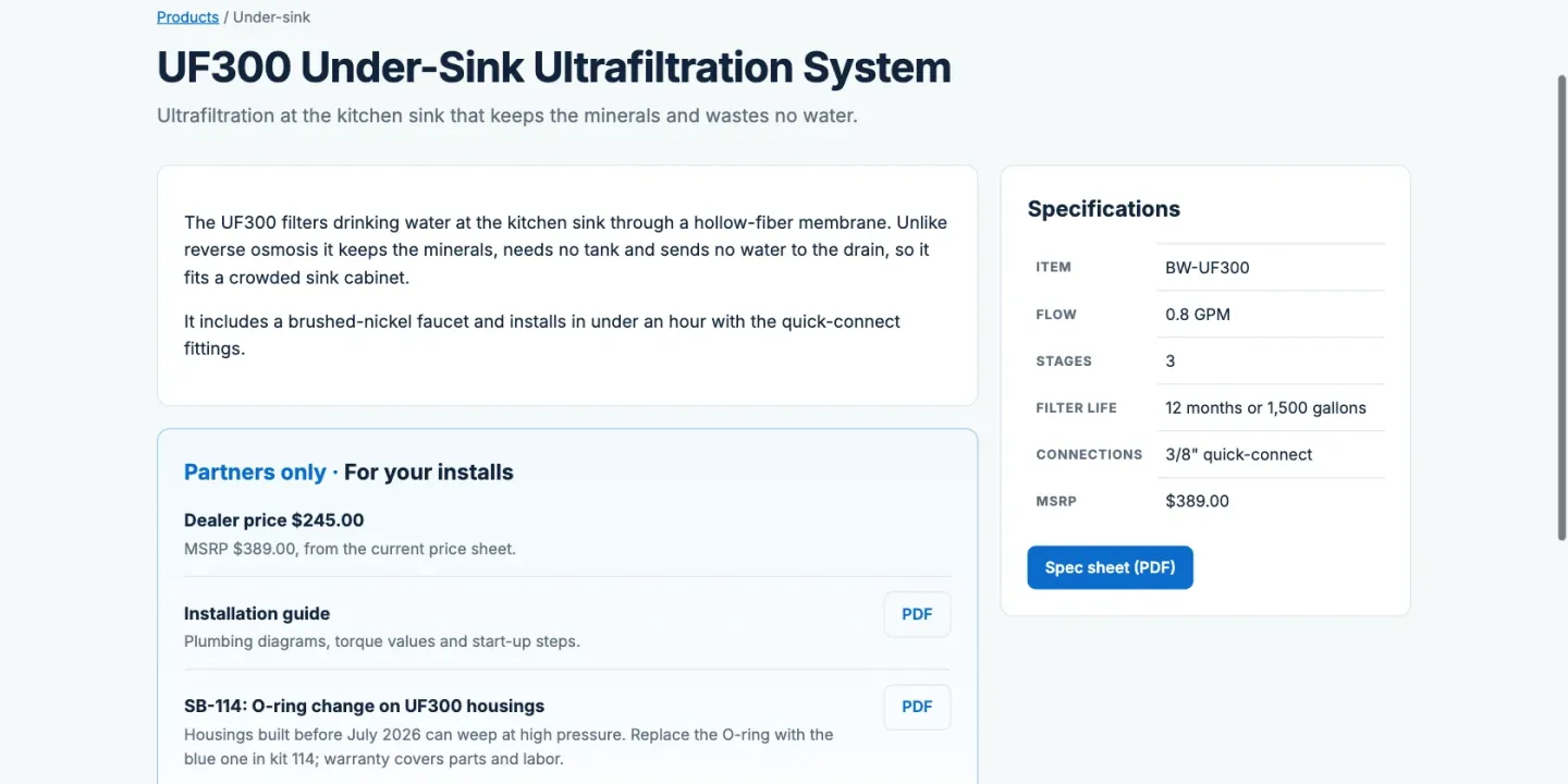 The UF300 product page signed in as a dealer: the public description, specifications and spec sheet, and a Partners only section with the dealer price, the installation guide and service bulletin SB-114.