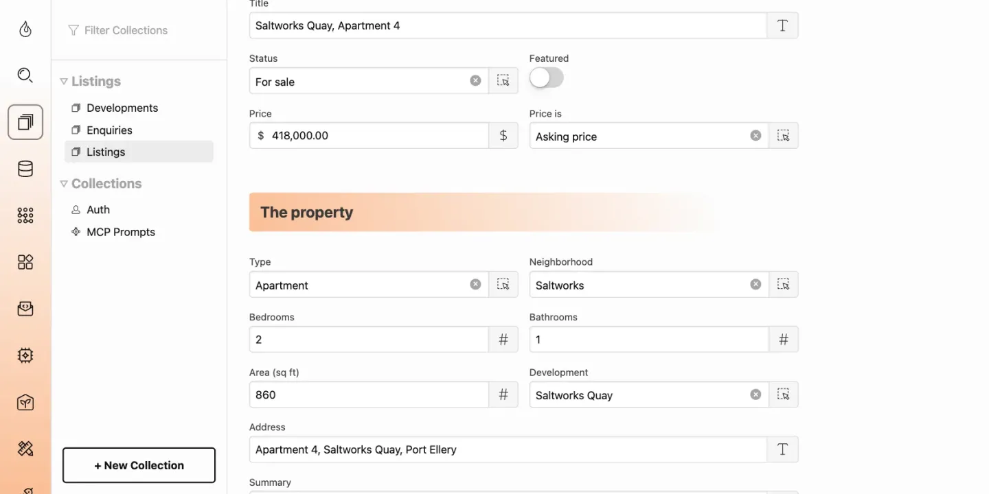 A listing's edit form in the Total CMS admin: title, status, price and whether it is an asking price or a monthly rent, then type, neighborhood, bedrooms, bathrooms, area, the development it belongs to, and the address.