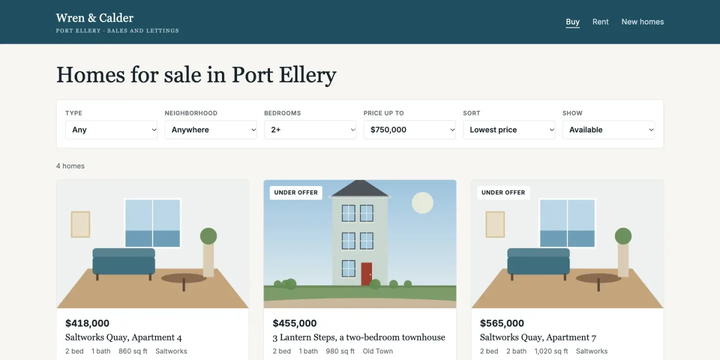 The sample's search page: filters for type, neighborhood, bedrooms, maximum price, sort order and whether to include sold homes, above cards showing four homes with their prices, two of them flagged Under offer.