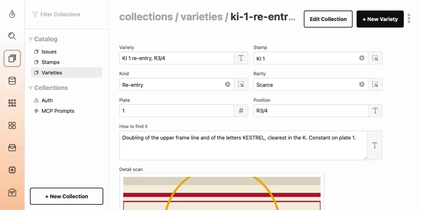 The admin form for one variety in a sample stamp catalog, with fields for the variety, its stamp, kind, rarity, plate, position, how to find it and a detail scan.