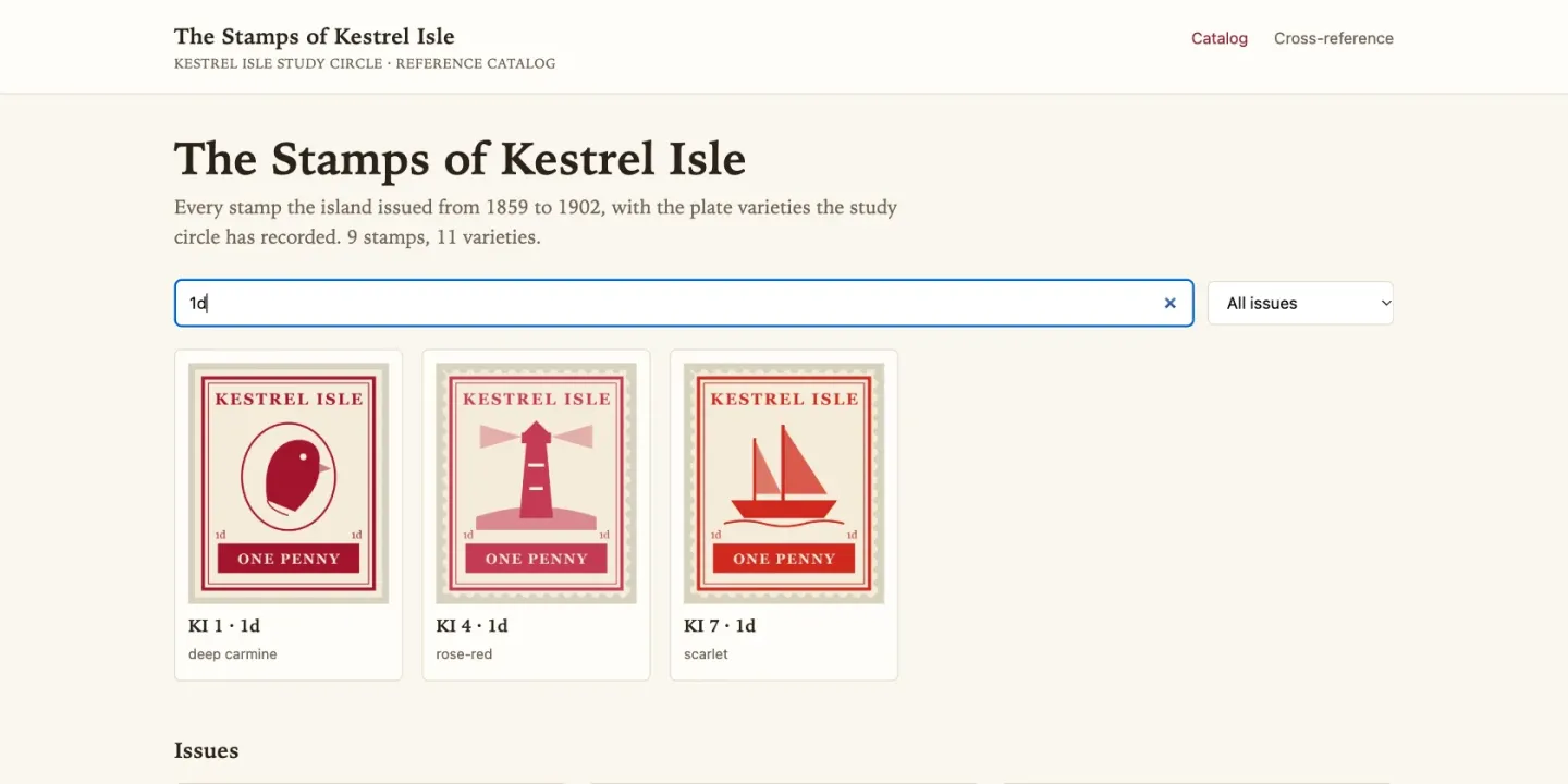 A sample stamp catalog with "1d" typed in its search box and three stamps showing: the one penny value of each of the island's three issues.