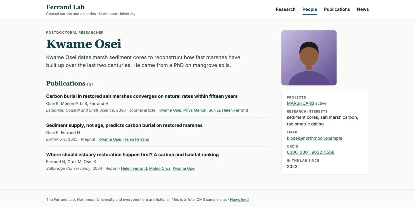 Kwame Osei's profile page listing his three publications and his project, with research interests, email and ORCID beside it