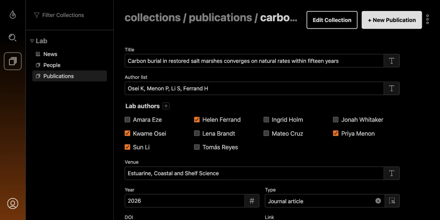 The admin as a researcher sees it: only News, People and Publications in the sidebar, and a publication form with lab authors ticked from a list of lab members